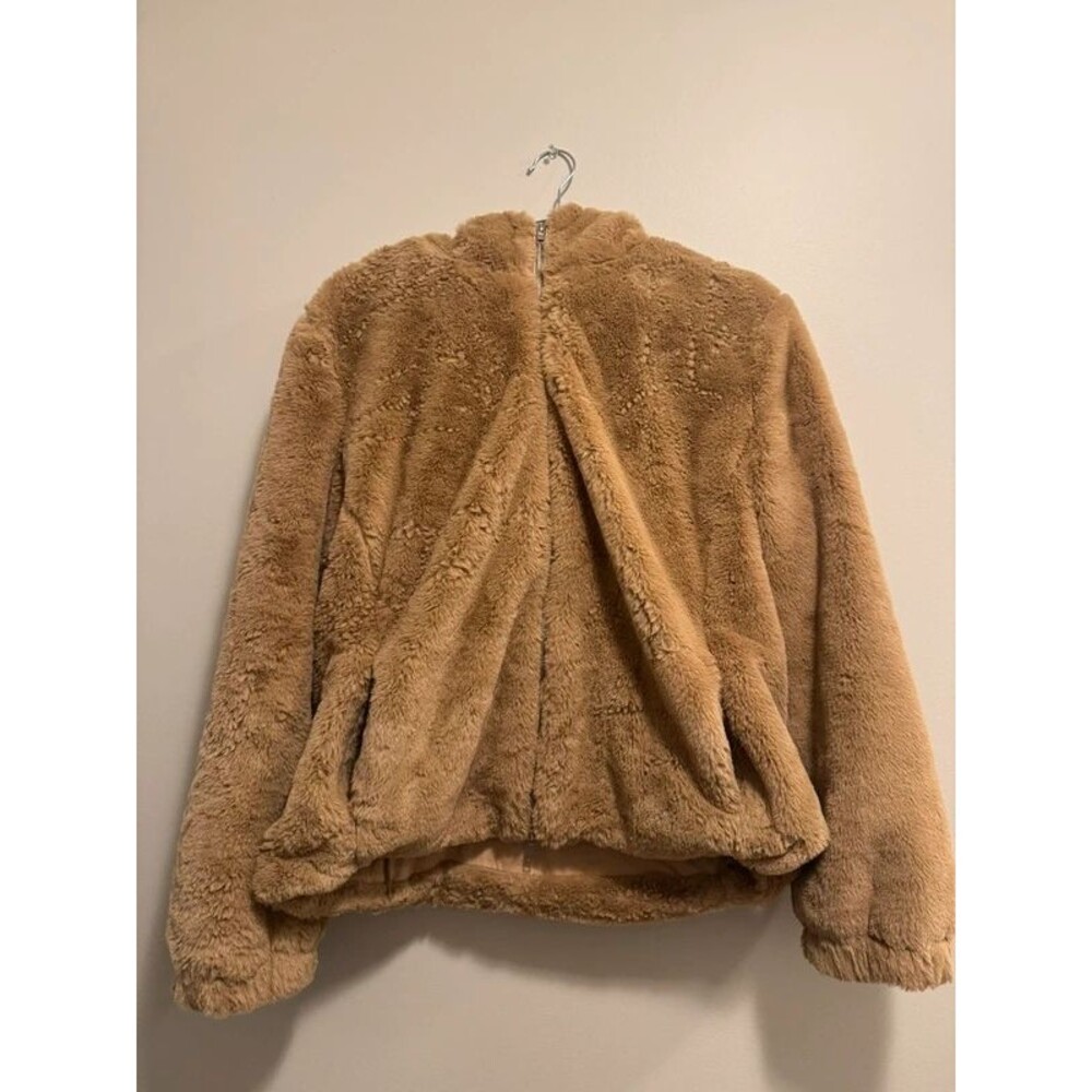 Cotton Bleu Tan Faux Fur Zip Up Sweater Size Medium Chic